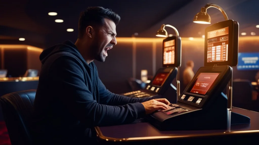 Spieler wartet vor einem Casino-Terminal auf eine offene Auszahlung