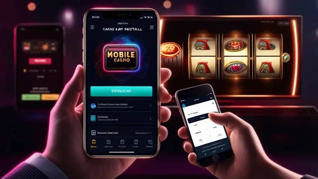 Smartphone mit Installationsansicht für eine Casino-App in dunkler Casino-Atmosphäre