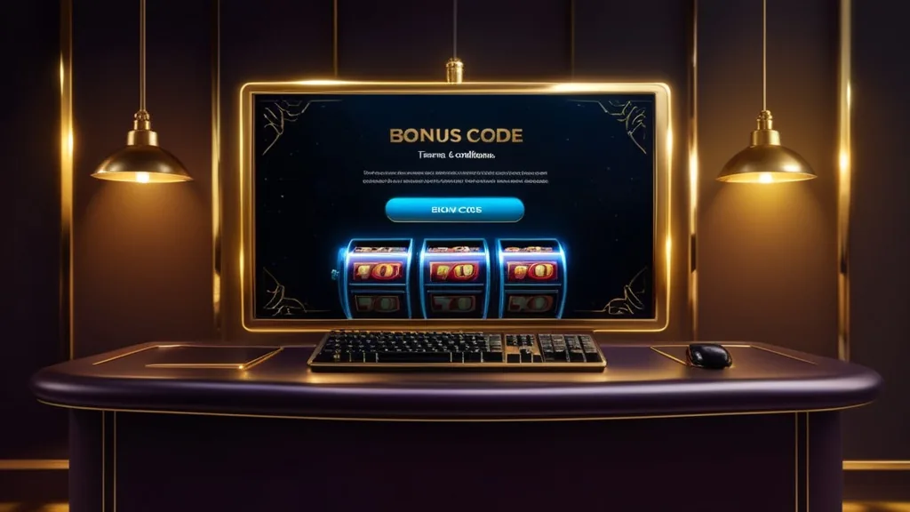 Bonuscode-Eingabe und Bedingungen vor Slot-Reels in dunkler Casino-Szene