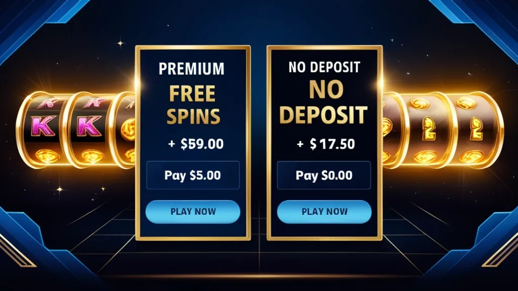 Zwei Bonusangebote vor Slot-Reels im dunklen Casino-Vergleich