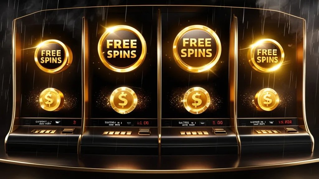 Freispiele und Bonuschips vor leuchtenden Slotmaschinen im dunklen Casino