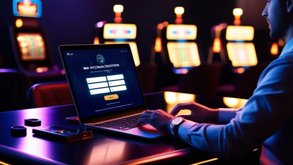 Person legt ein neues Konto an einem Laptop im Casino-Stil an