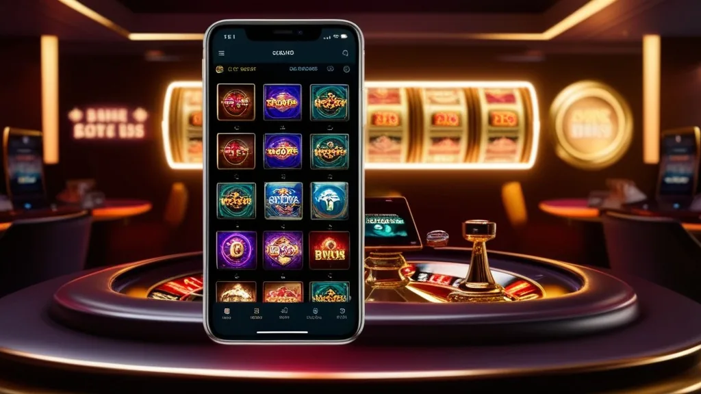 Smartphone mit Slot-Auswahl und Bonusanzeige in Casino-Atmosphäre