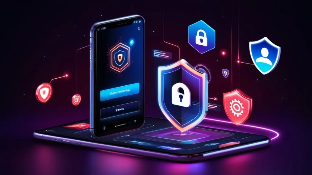 Smartphone mit Symbolen für Kompatibilität, Sicherheit und Support